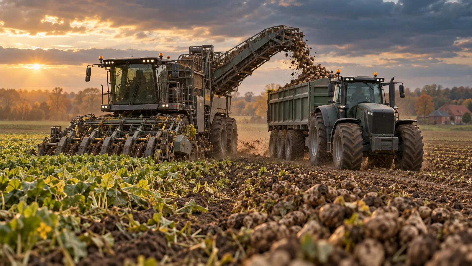 Arracheuse de betteraves déchargeant dans une remorque tirée par un tracteur, au milieu d'un champ