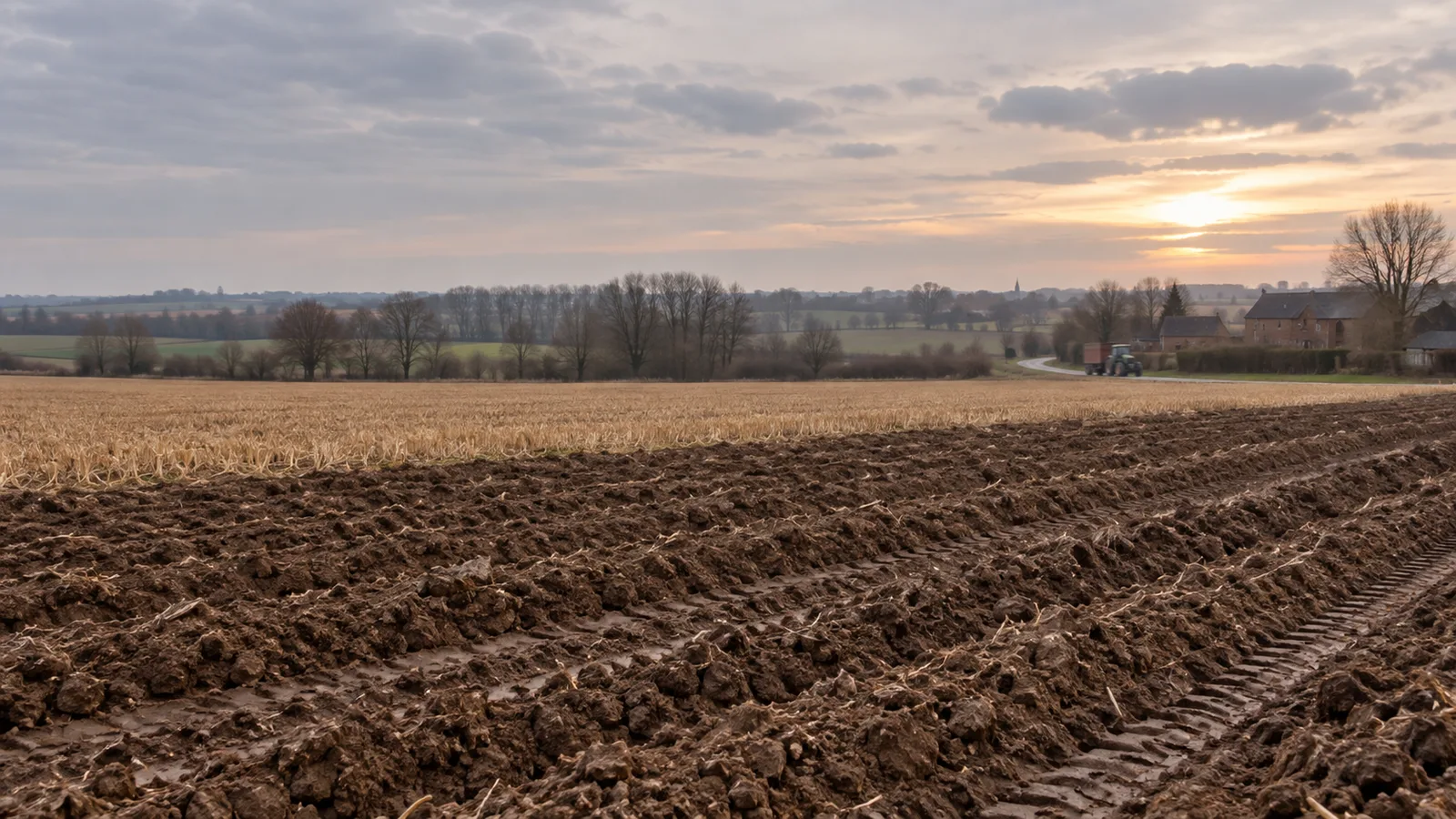 Parcelle labourée de Hesbaye sous un ciel bas de décembre