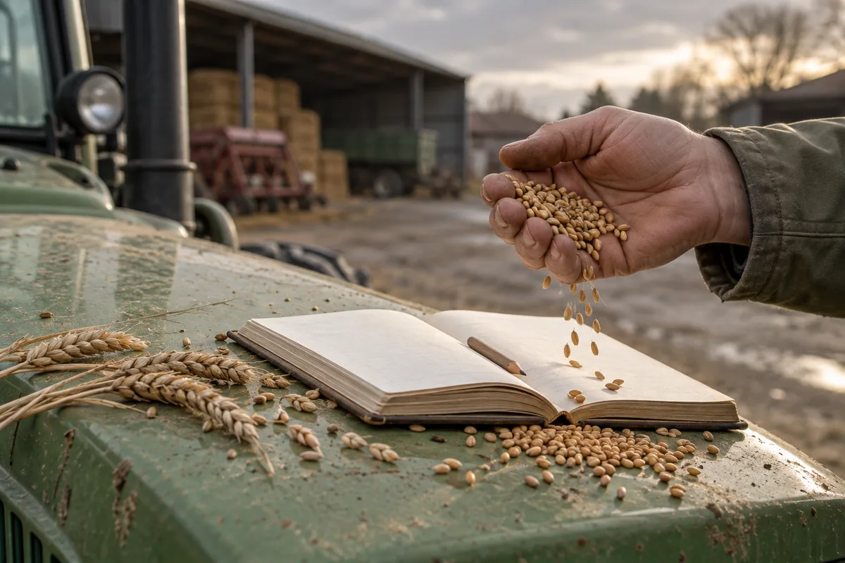 Main laissant glisser des grains de blé au-dessus d'un carnet