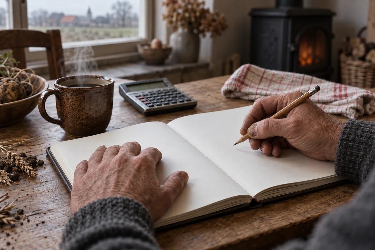 Mains d'agriculteur tenant un crayon au-dessus d'un carnet de planification
