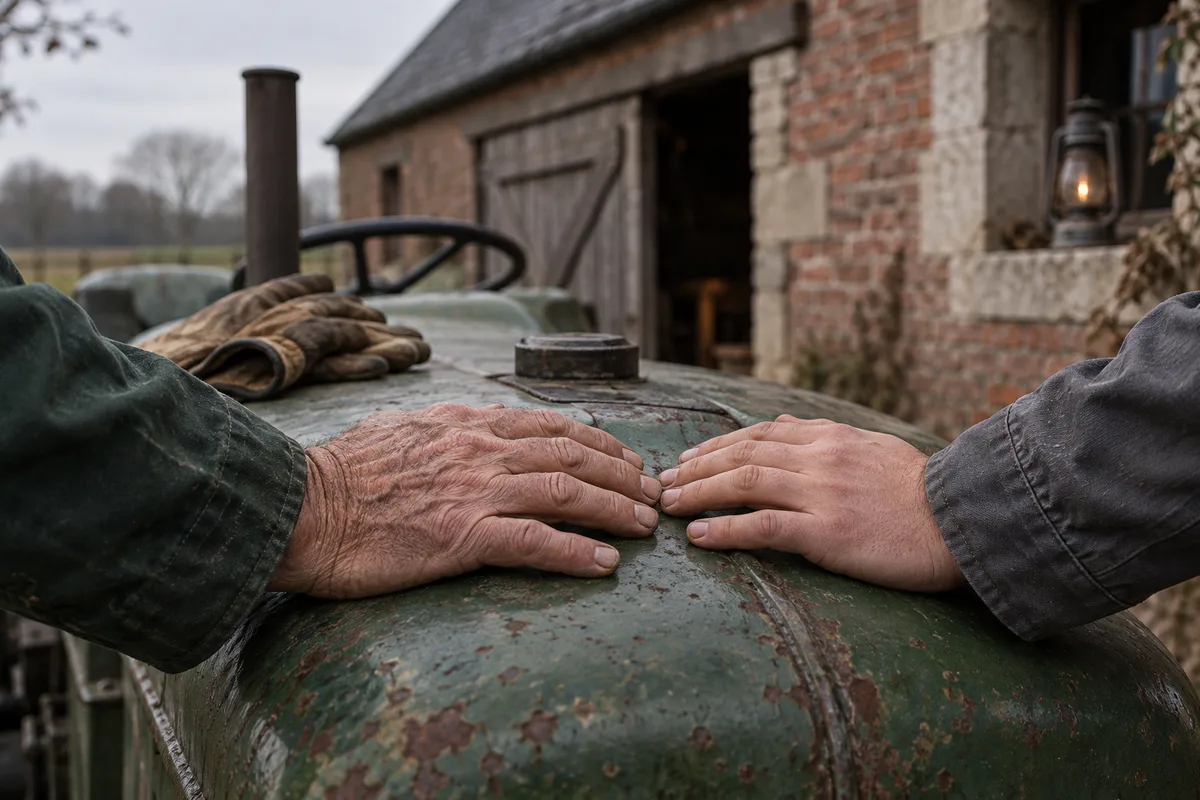 Mains de deux générations posées côte à côte sur un capot de tracteur