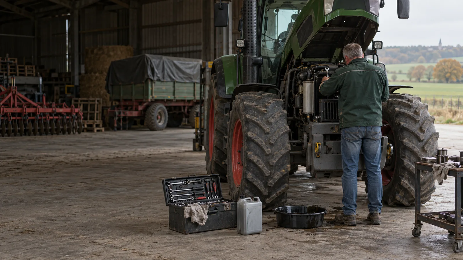 Agriculteur de dos entretenant un tracteur capot ouvert sous un hangar
