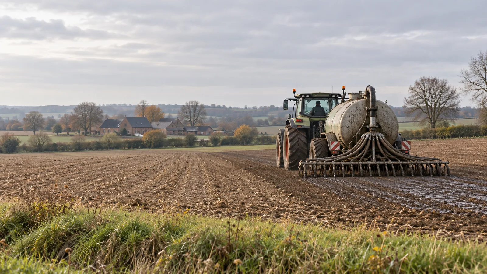 Tracteur épandant du lisier sur une parcelle loin de la bande de rive