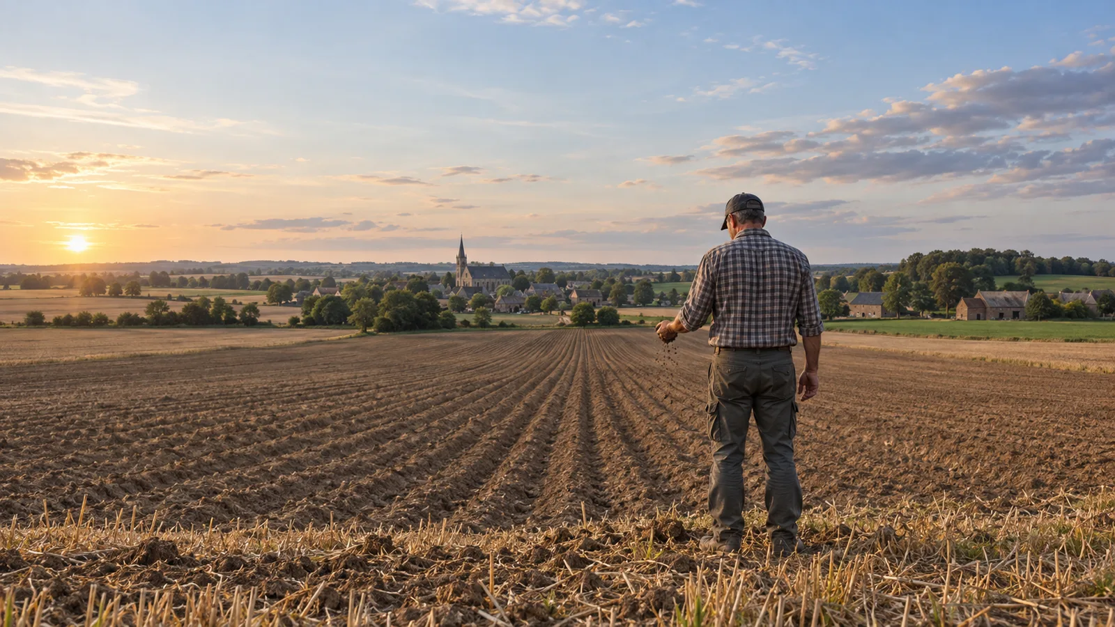 Agriculteur de dos émiettant une motte au bord d'une parcelle