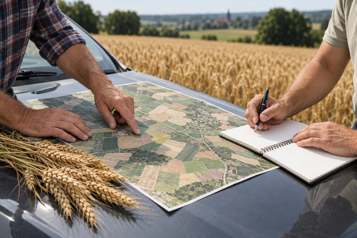 Mains pointant une parcelle sur une carte agricole dépliée