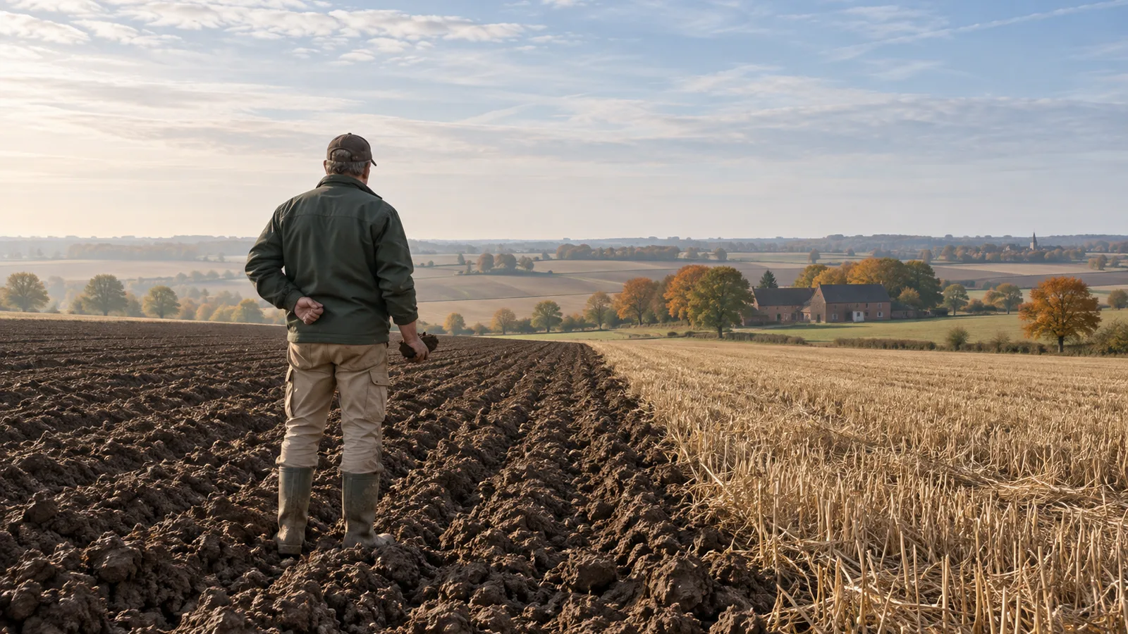 Agriculteur de dos entre un champ labouré et un chaume doré