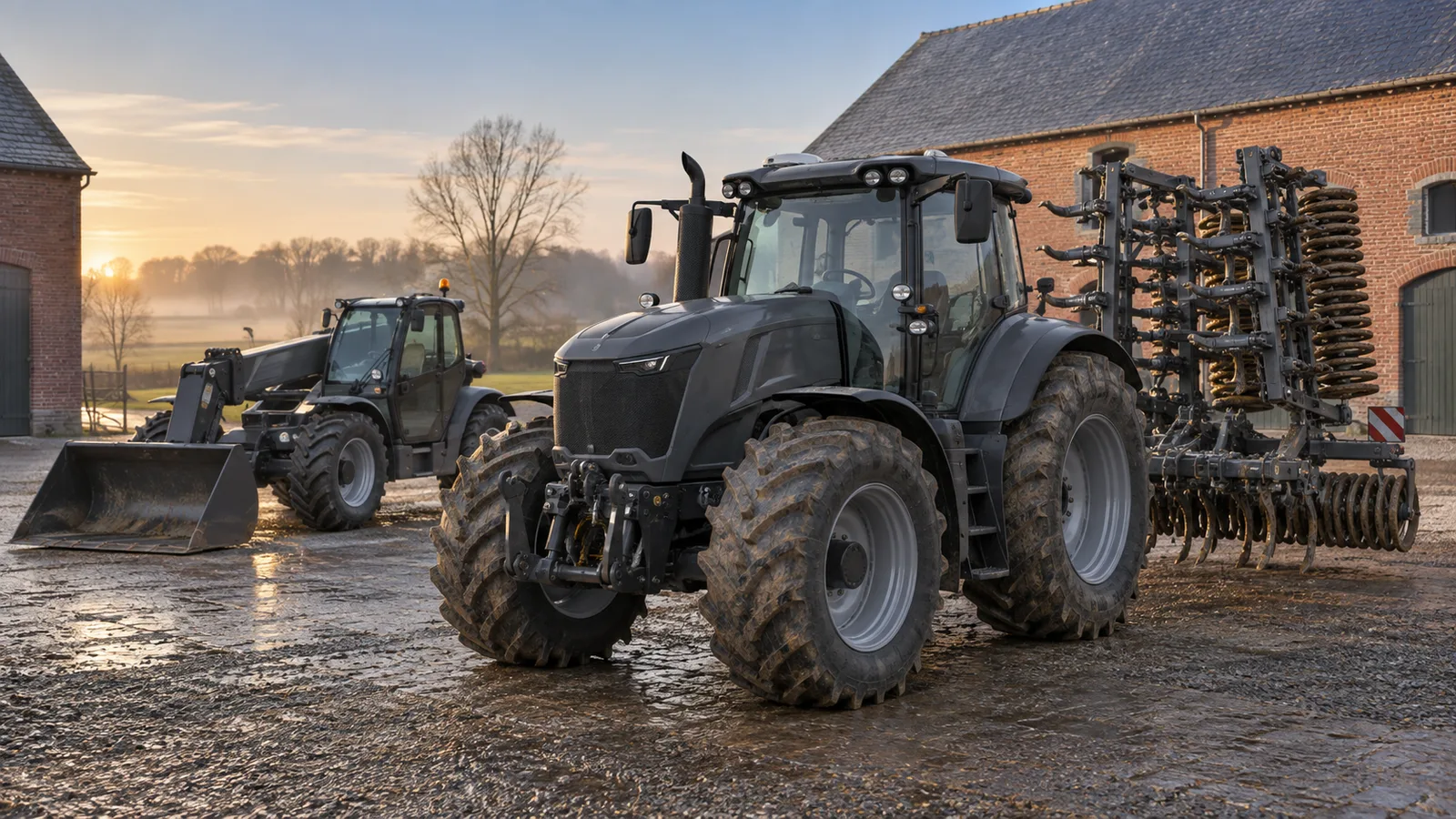 Tracteur gris et chargeur télescopique à l'arrêt dans la cour d'une ferme en briques, un matin d'hiver