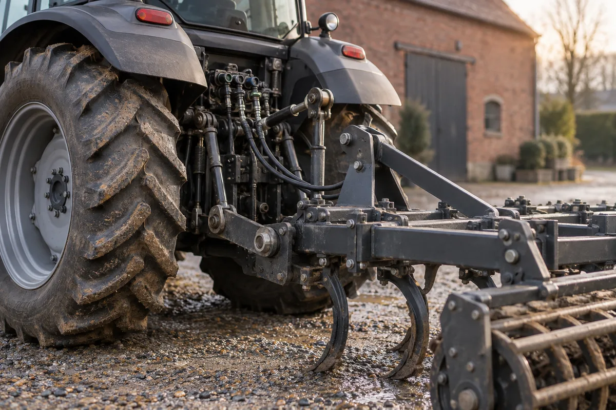 Attelage arrière d'un tracteur gris avec un outil de travail du sol, dans une cour de ferme