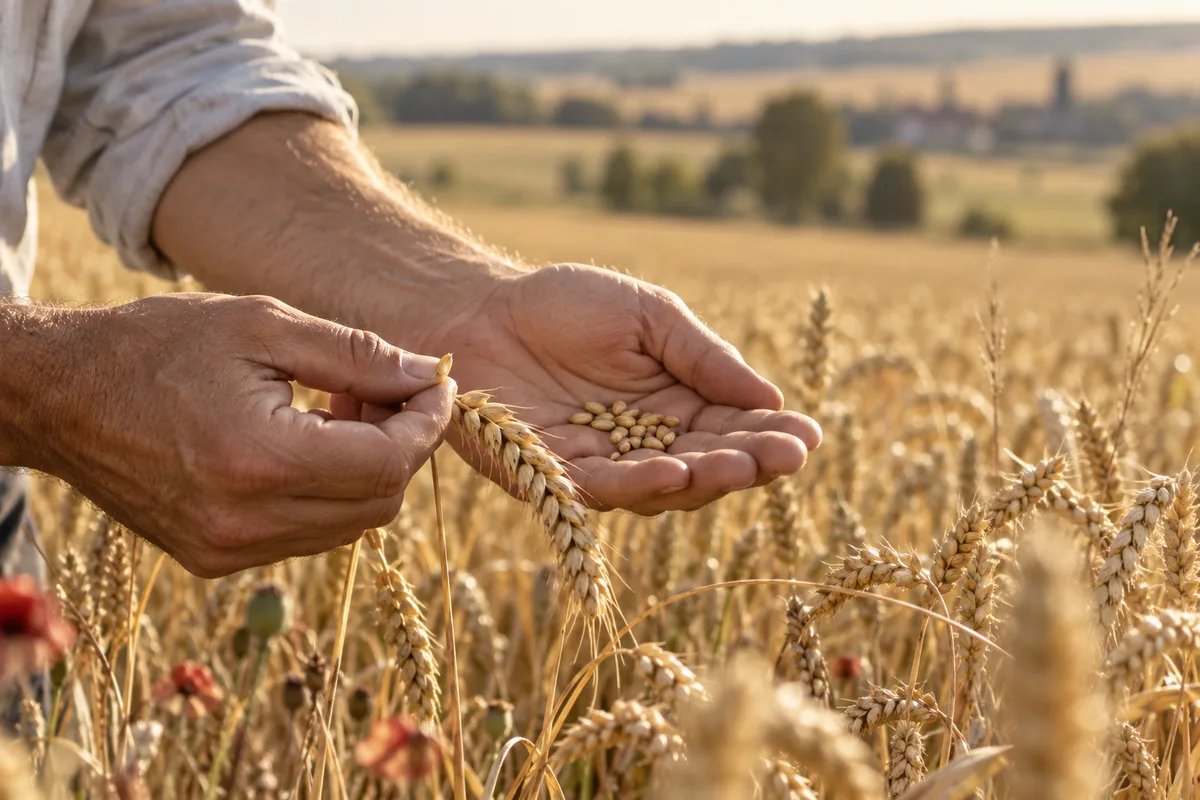 Paume ouverte présentant des grains de blé fraîchement égrenés