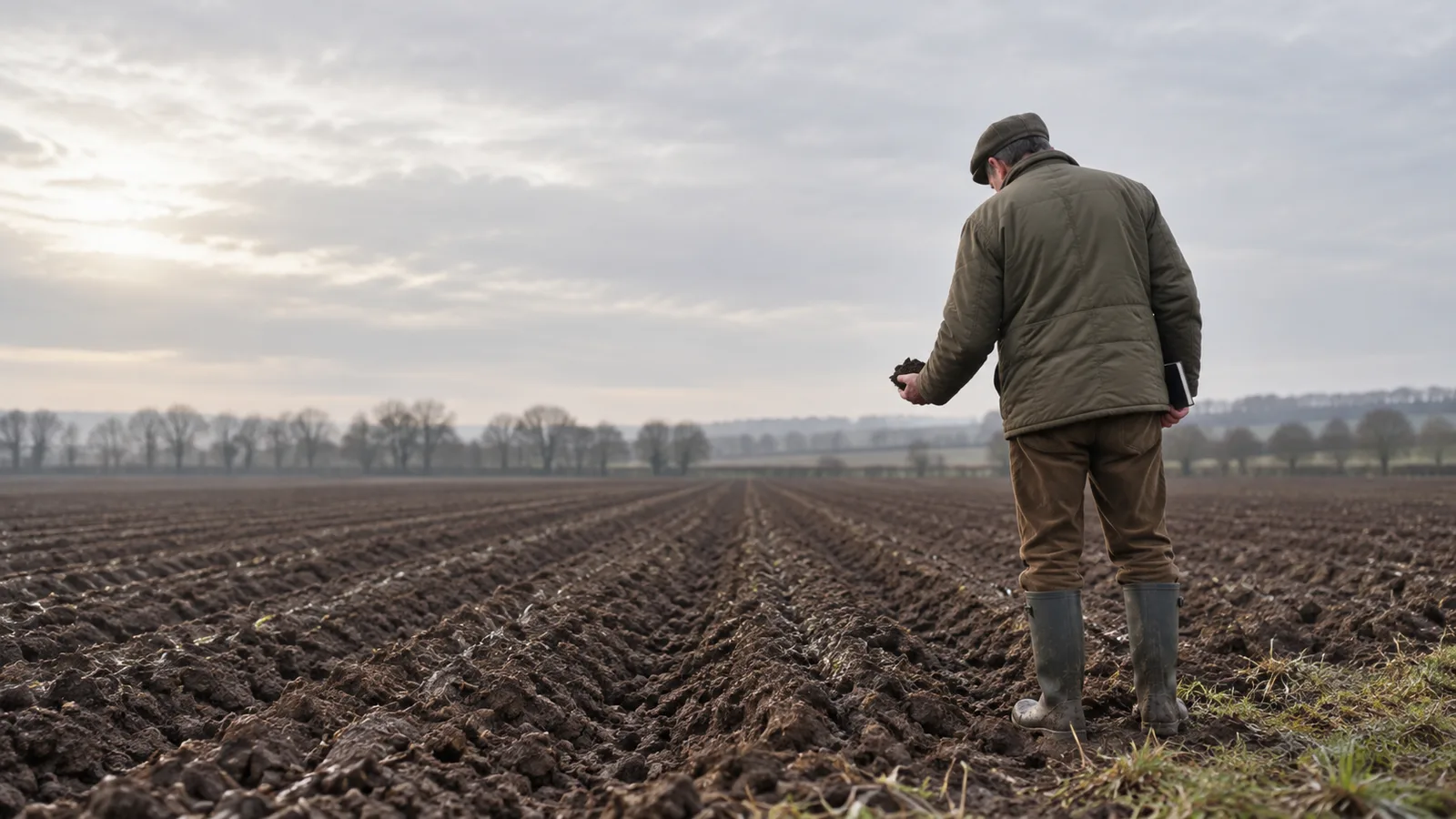 Agriculteur de dos ramassant une motte de terre dans un champ