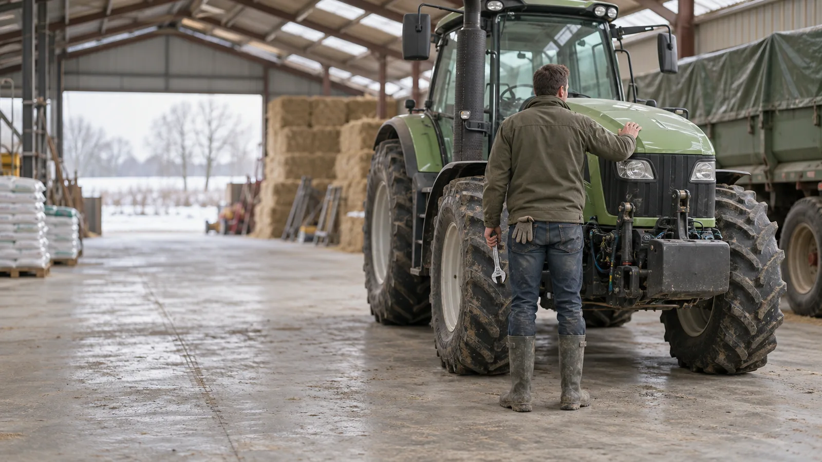Ouvrier agricole de dos près d'un tracteur dans un hangar