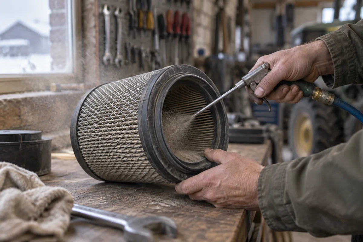 Mains nettoyant à la soufflette le filtre à air d'un tracteur