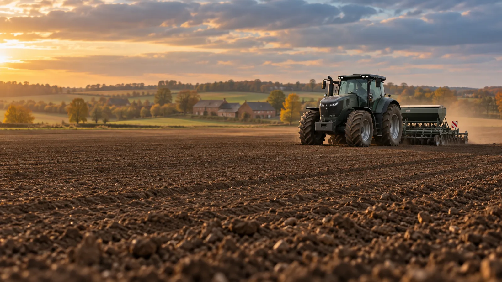Tracteur et semoir au travail dans un champ de limon fraîchement préparé, au coucher du soleil