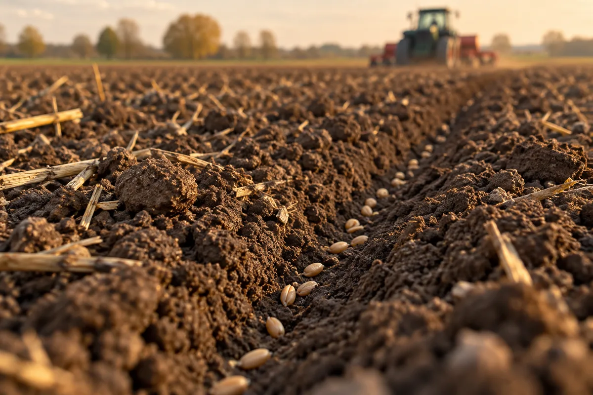 Sillon de semis avec des grains de céréales déposés dans une terre fine et émiettée
