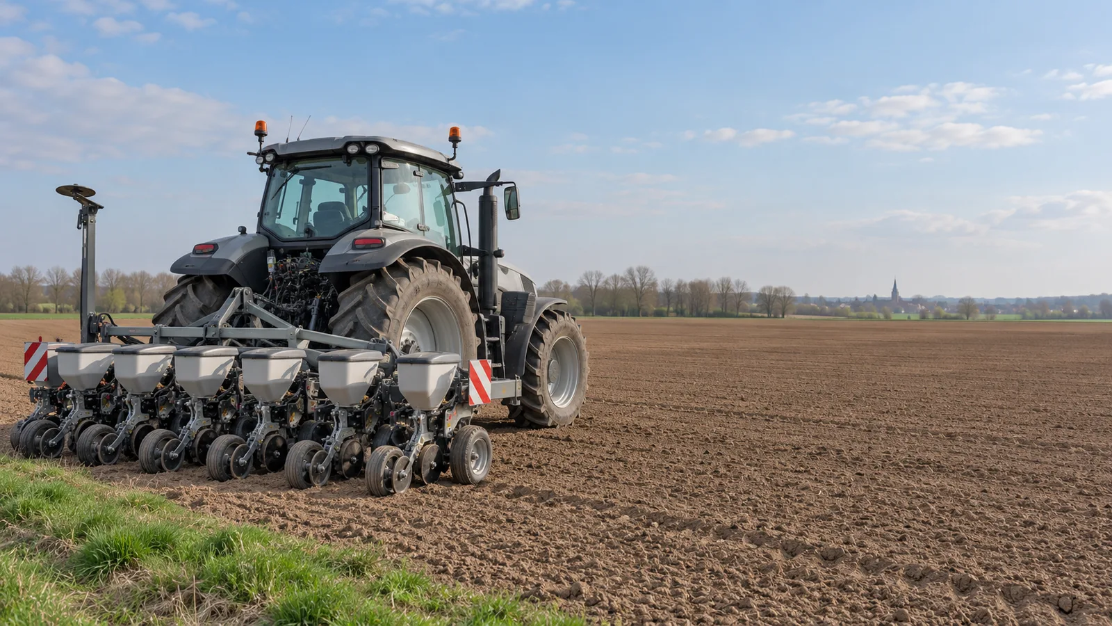 Tracteur gris attelé à un semoir monograine en bordure d'un champ préparé, au printemps