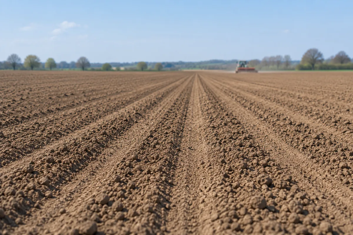 Rangs réguliers de terre fine fraîchement semée sous un ciel clair de début de printemps