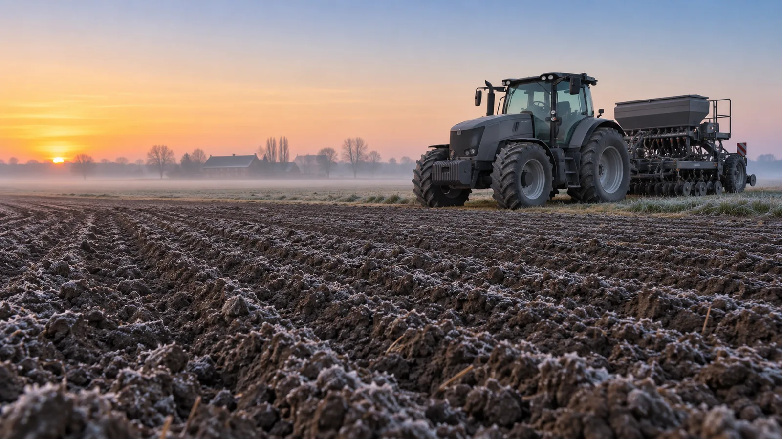 Tracteur gris et semoir relevé à l'arrêt en bordure d'un champ givré à l'aube