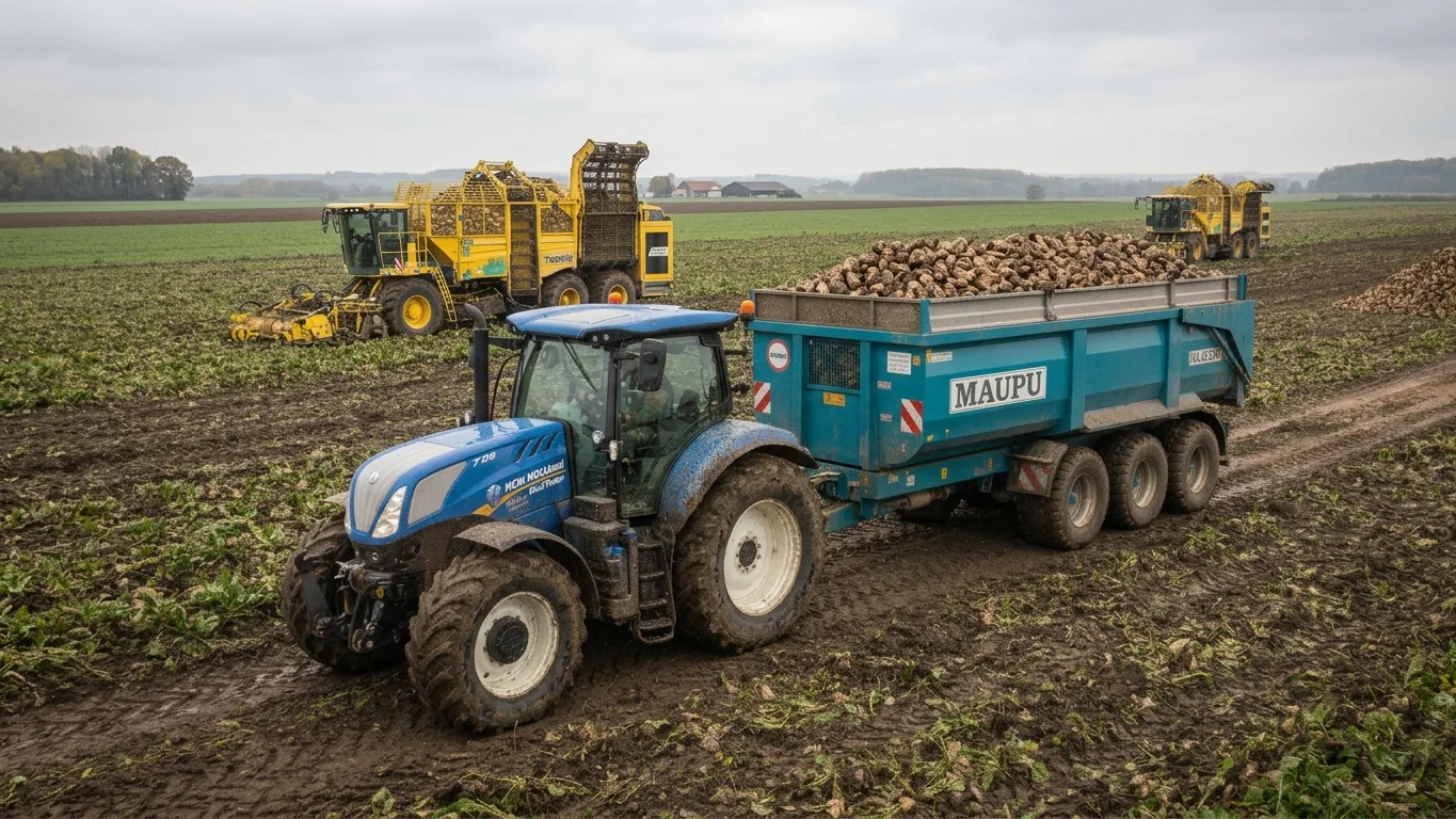 Tracteur New Holland bleu tractant une benne Maupu chargée de betteraves dans un champ