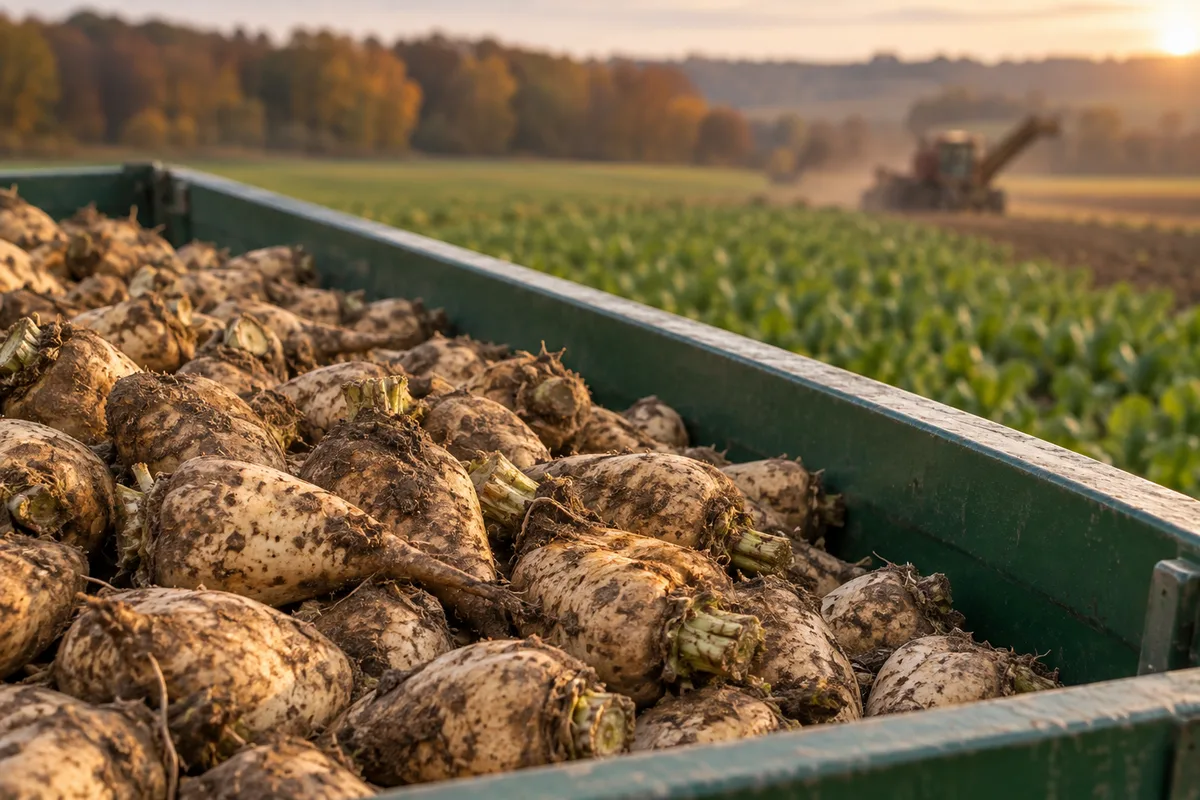 Betteraves sucrières fraîchement arrachées chargées dans une benne